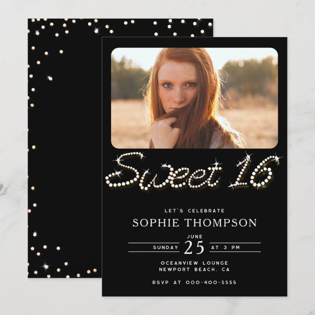 Formal Black Classy Rhinestones Sweet 16 Photo Invitation (Front/Back)