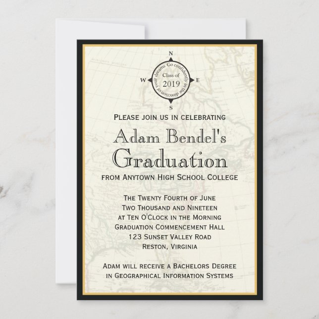 Formal Black Compass Map Graduation Announcements (Front)
