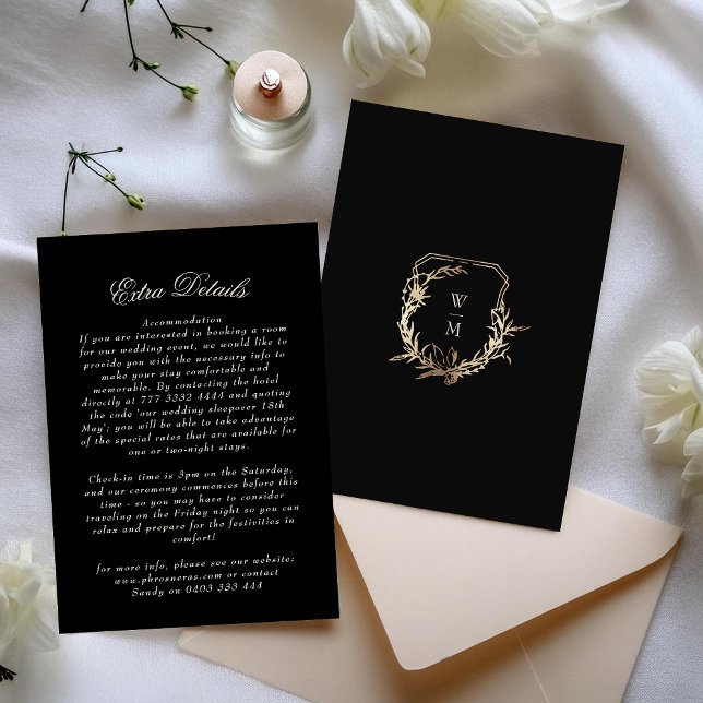 Formal Black & Cream Monogram Gold Wreath Details Enclosure Card (Creator Uploaded)