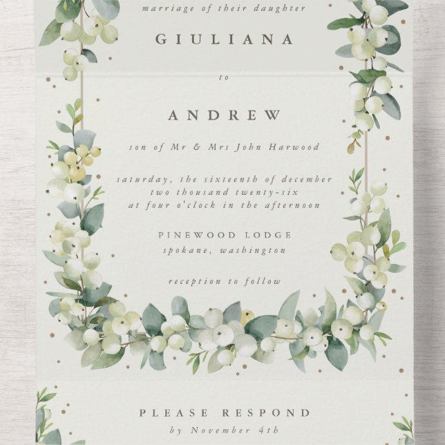 Formal Black/Cream Snowberry+Eucalyptus Wedding All In One Invitation (Inside Middle)