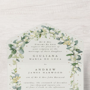 Formal Black/Cream Snowberry+Eucalyptus Wedding All In One Invitation