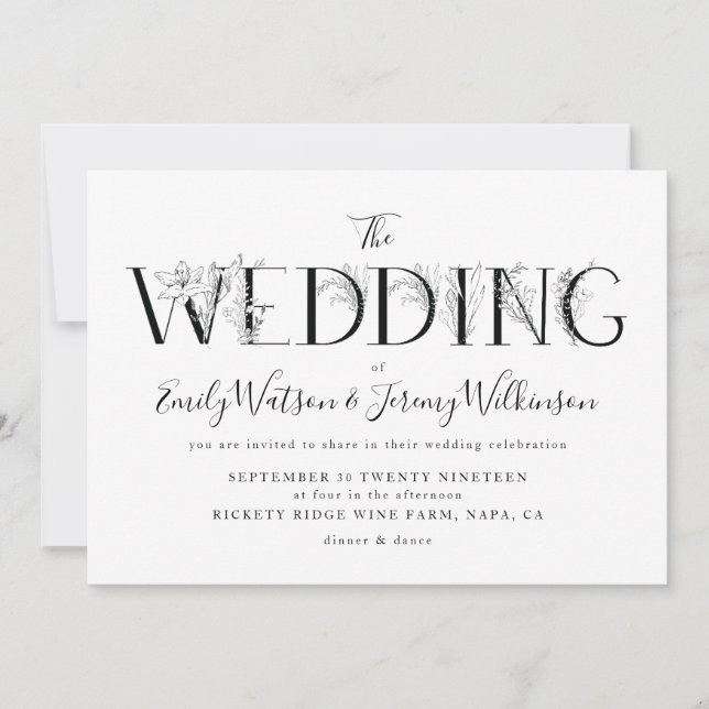 Formal Black Floral Letters Wedding Invitation (Front)