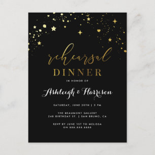 Formal Black & Gold Confetti Rehearsal Dinner Invitation Postcard