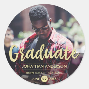 Formal Black & Gold Graduation Party Photo Classic Round Sticker