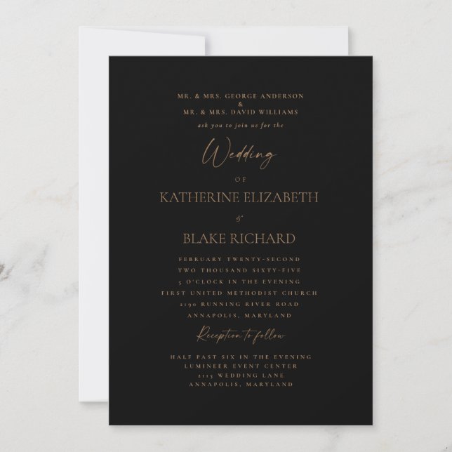 Formal  Black Gold Text Both Parents Wedding Invitation (Front)