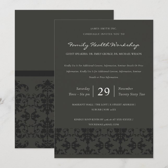 FORMAL BLACK GREY DAMASK CLASSIC WORKSHOP EVENT INVITATION (Front/Back)