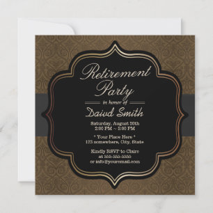 Formal Black Ribbon Brown Damask Retirement Party Invitation