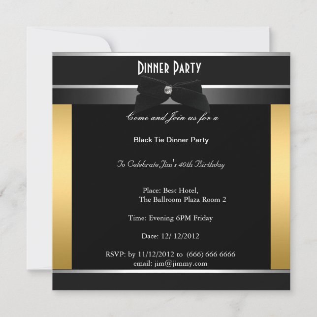 Formal Black Tie Birthday Dinner Party Invitation (Front)