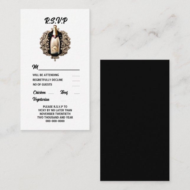 Formal black tie sparkling wine event rsvp advice card (Front/Back)