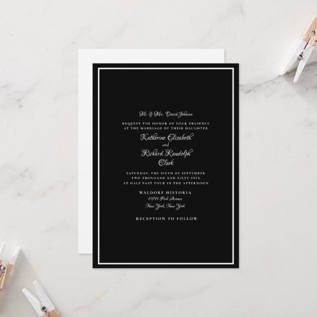 Formal Black Wedding Bride One Venue Bride Parents Invitation (Front/Back In Situ)