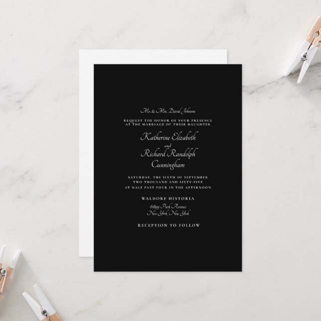 Formal Black Wedding Parents One Venue Invitation (Front/Back In Situ)