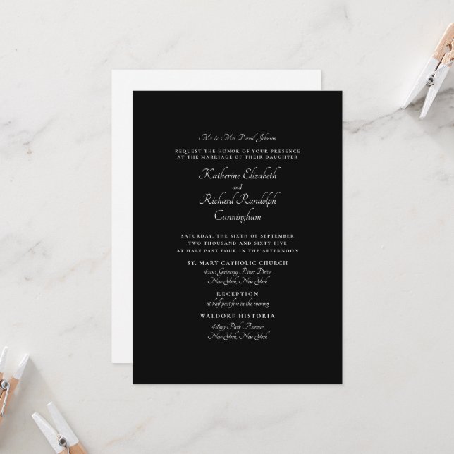 Formal Black Wedding Parents Two Venues Invitation (Front/Back In Situ)