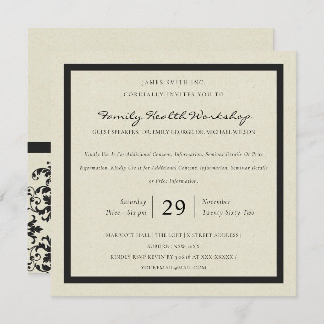 FORMAL BLACK WHITE DAMASK CLASSIC WORKSHOP EVENT INVITATION (Front/Back)