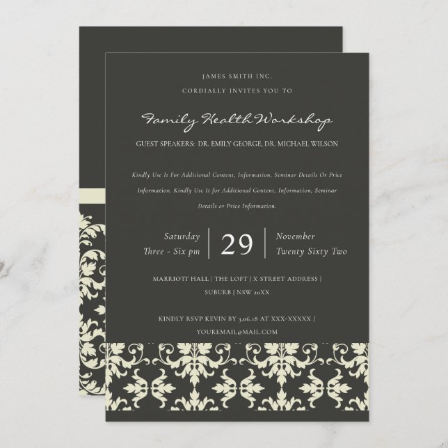 FORMAL BLACK WHITE DAMASK CLASSIC WORKSHOP EVENT INVITATION (Front/Back)