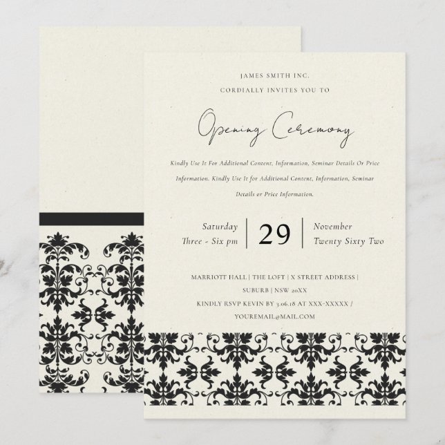 FORMAL BLACK WHITE DAMASK GRAND OPENING CEREMONY INVITATION (Front/Back)