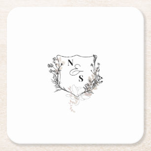 Formal Black/White Floral Crest Monogram Wedding Square Paper Coaster