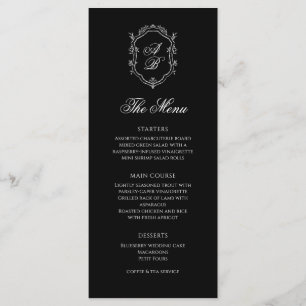 Formal Black & White Floral Monogram Crest Wedding Menu