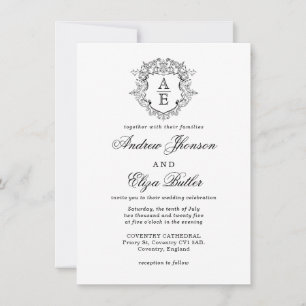 Formal Black & White Leafy Crest Monogram Wedding  Invitation