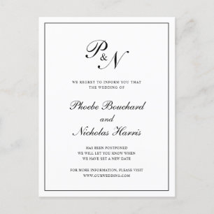 Formal Black White Monogram Wedding Postponement Announcement Postcard