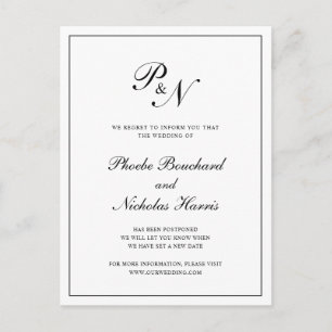 Formal Black White Monogram Wedding Postponement Announcement Postcard