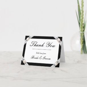 Formal Black/White Pearl Ribbon Wedding Thank You Card