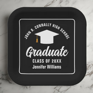 Formal Black White Personalized Graduation Party Paper Plate