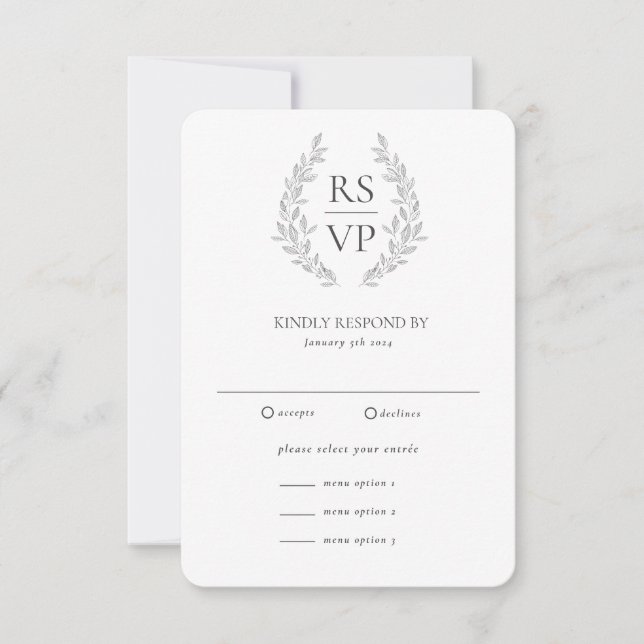 Formal Black White Wreath Custom Wedding  RSVP Card (Front)