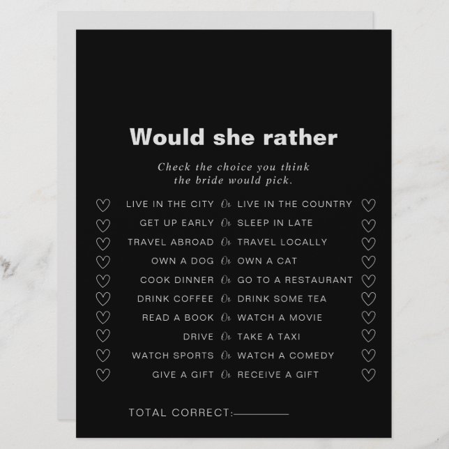 Formal Black Would She Rather Bridal Shower Game (Front/Back)