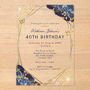 Formal Blue and Gold 40th Birthday Acrylic Invitations