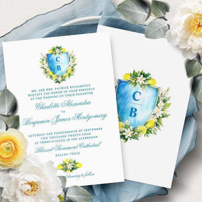Formal Blue Floral Crest Monogram Lemons Wedding Invitation (Creator Uploaded)