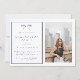 Formal Blue Vintage Bow Photo Graduation Party Invitation