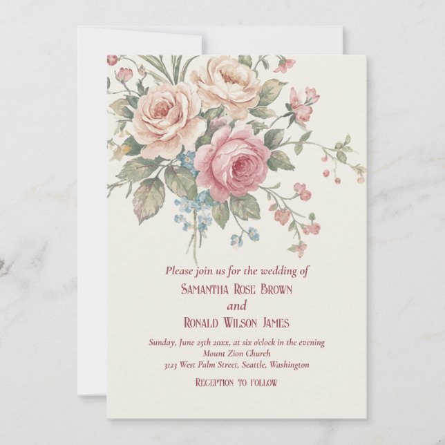 Formal Blush Pink Floral Elegant Rose Wedding Invitation (Front)