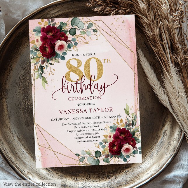 Formal Boho Dark Red Gold Roses 80th Birthday  Invitation (Formal Boho Dark Red Gold Roses 80th Birthday Invitation)