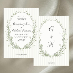 Formal Botanical Frame Stripes Roses Green Wedding Invitation