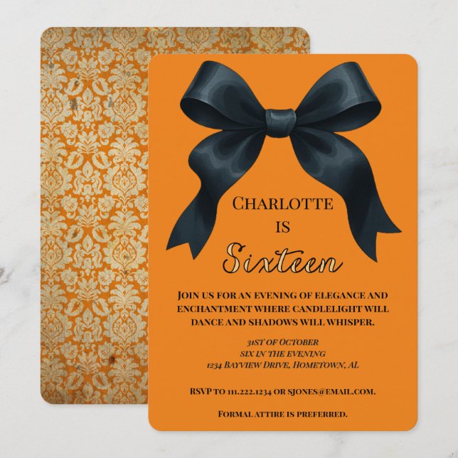 Formal Bow Halloween Birthday Invite - Orange (Front/Back)