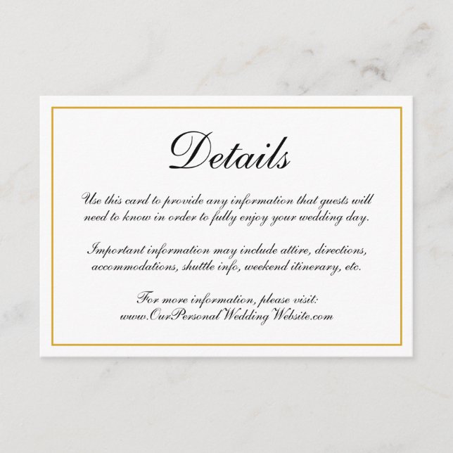 Formal Calligraphy Gold Border Wedding Details Enclosure Card (Front)