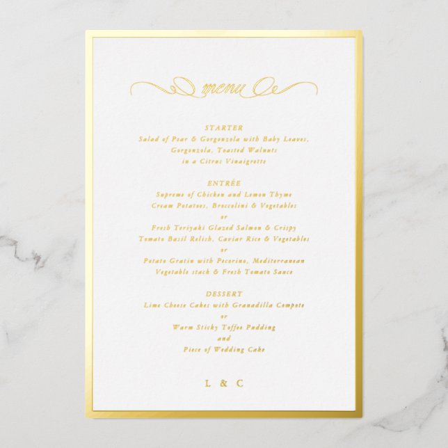 Formal Calligraphy Gold Foil Frame Wedding Menu (Front)