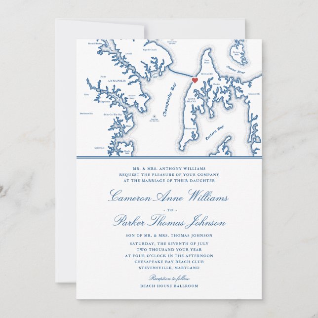 Formal Chesapeake Bay Beach Club Navy Blue Wedding Invitation (Front)