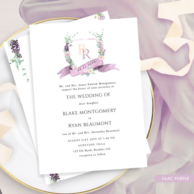 Formal Chic Lilac, Purple, Pastel Monogram Wedding Invitation (Creator Uploaded)