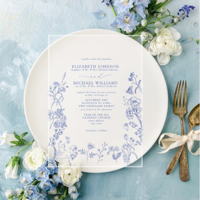 Formal Chinoiserie Blue Victorian Floral Wedding Acrylic Invitations (Creator Uploaded)