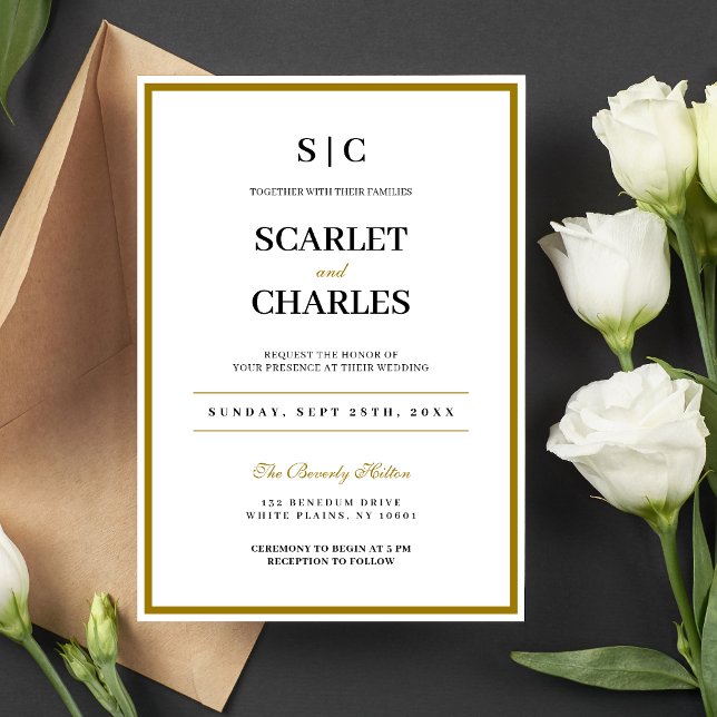 Formal Classic Black Gold Monogram Wedding Invitation (Formal black and gold monogram wedding invitation sets a timeless, elegant tone.)