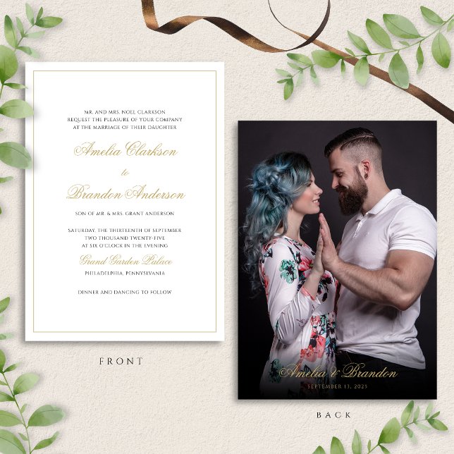Formal Classic Black & Gold Script Photo Wedding Invitation (Creator Uploaded)