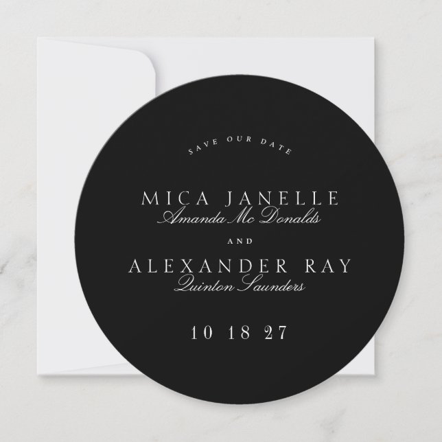 Formal Classic Black White Calligraphy Round Photo Save The Date (Front)