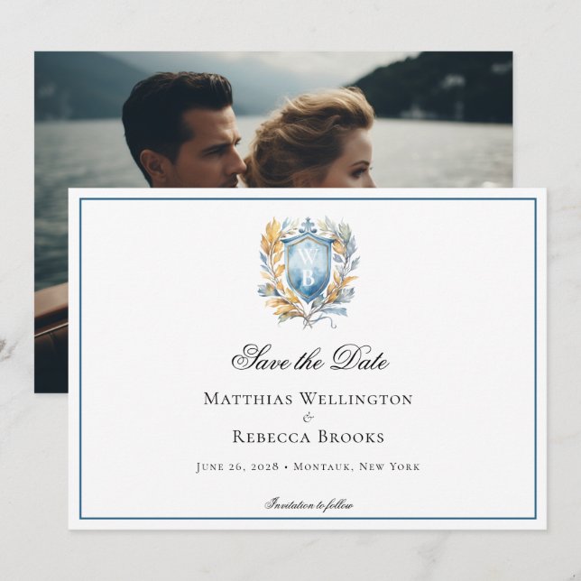 Formal Classic Blue Crest Monogram Wedding Photo Save The Date (Front/Back)