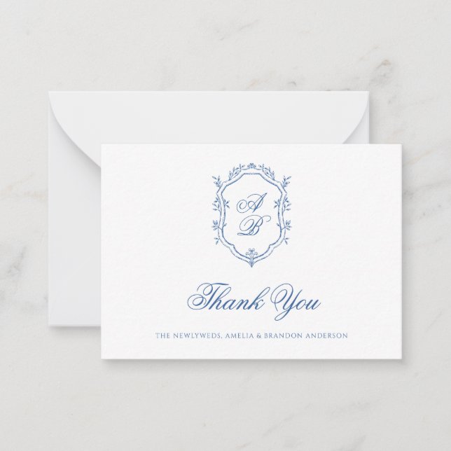 Formal Classic Blue Floral Monogram Crest Wedding Card (Front)