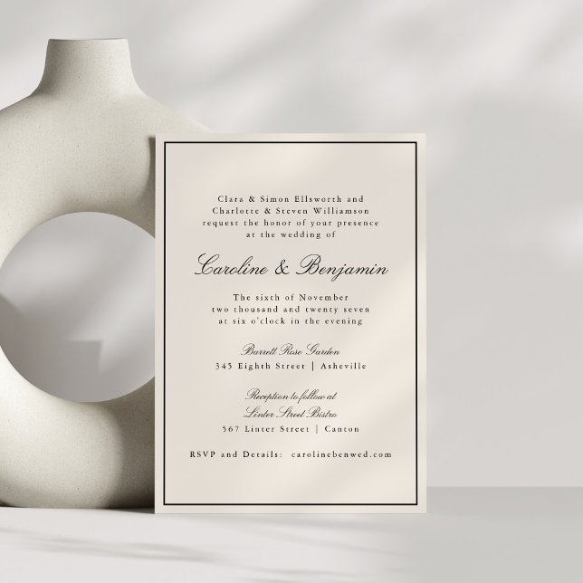 Formal Classic Border Script Elegant Wedding Ivory Invitation (Creator Uploaded)