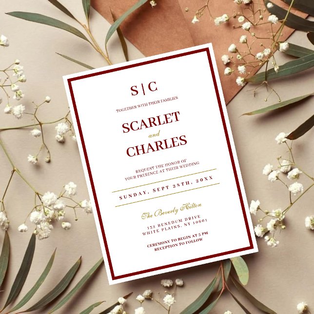 Formal Classic Burgundy & Gold Monogram Wedding Invitation (Burgundy and gold monogram wedding invitation sets an elegant tone for your special day.)