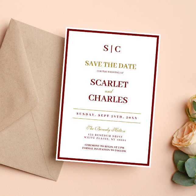 Formal Classic Burgundy & Gold Monogram Wedding Save The Date (Burgundy and gold monogram save the date builds excitement with a refined, personal touch.)