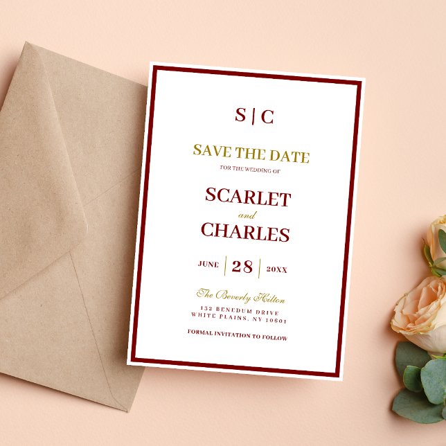 Formal Classic Burgundy & Gold Monogram Wedding Save The Date (Burgundy and gold monogram save the date announces your wedding with elegant, personal style.)