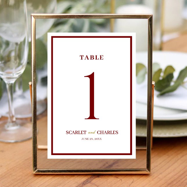 Formal Classic Burgundy & Gold Monogram Wedding Table Number (Burgundy and gold monogram table number guides guests while elevating your formal reception decor.)